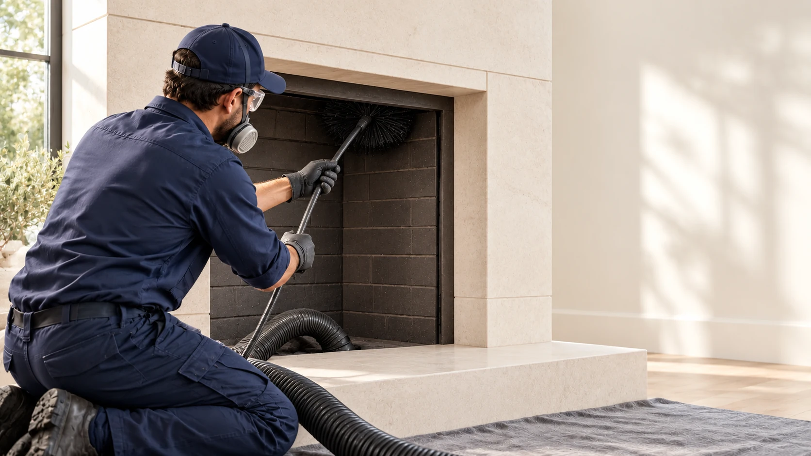 AI-created illustration of a technician cleaning a modern limestone fireplace in a bright home, using a brush and soot-extraction hose.