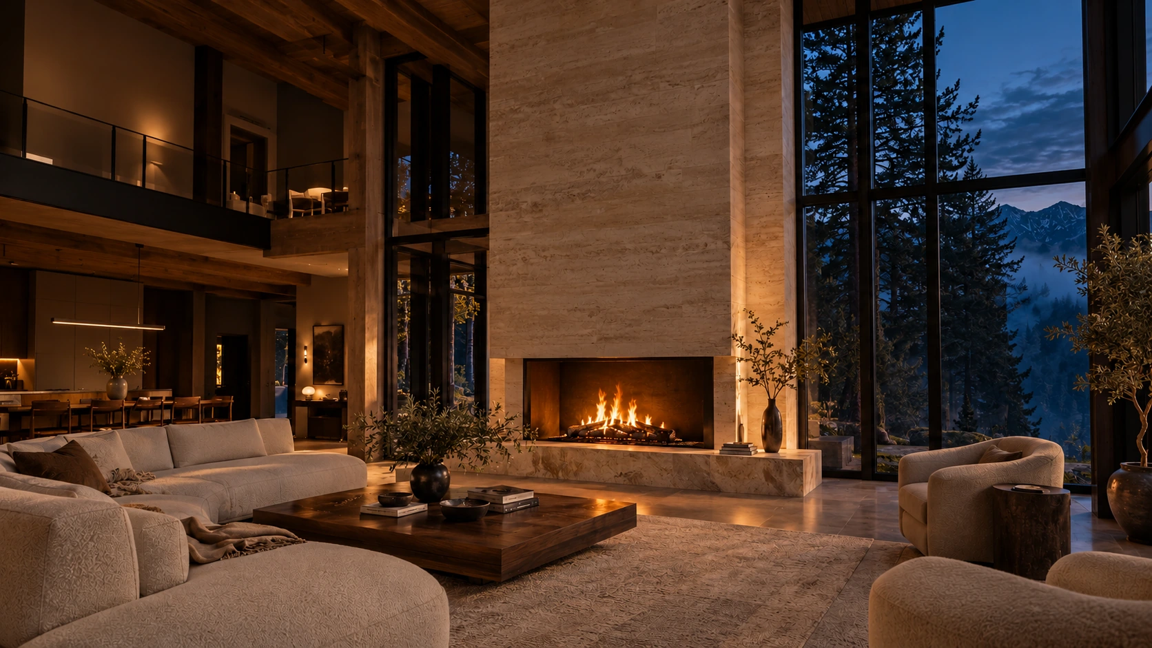 Illustrative completed room glowing with firelight at dusk