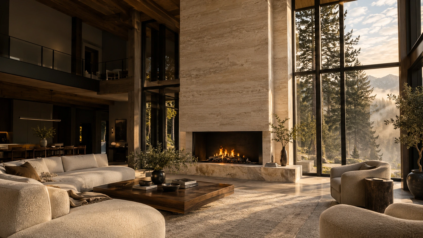 Illustrative finished room with custom travertine chimney and fireplace